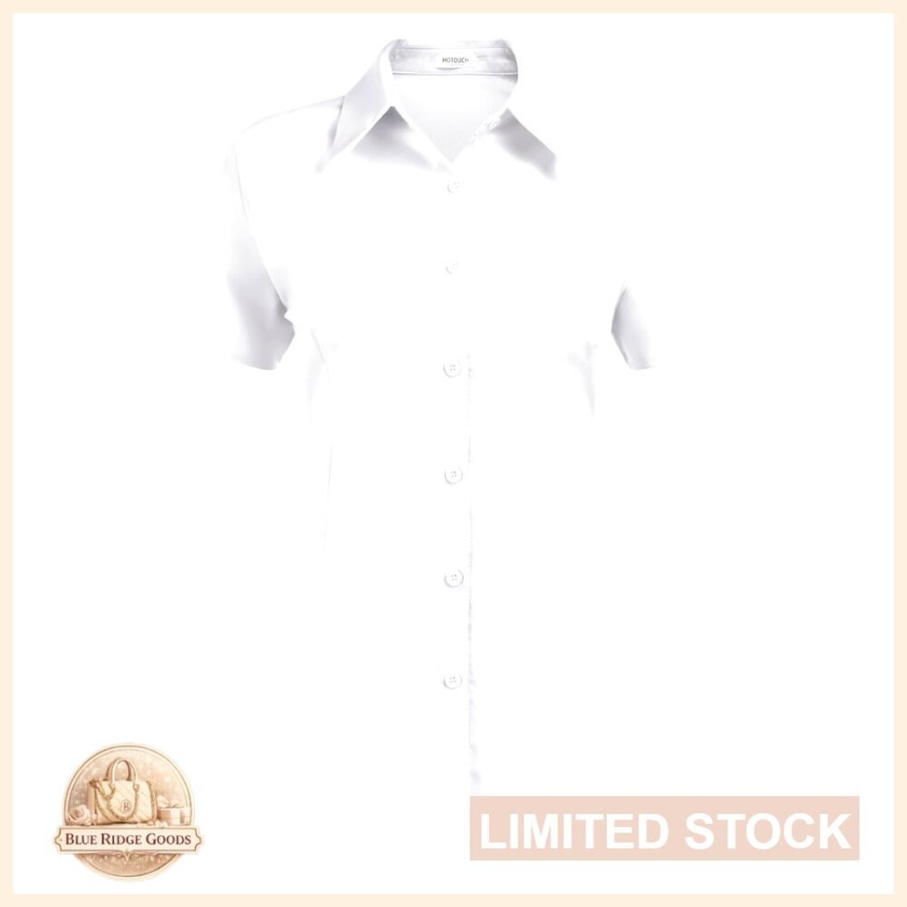 Stretchy Button Down Shirt Short Sleeve Collared Blouse Waitress Work Chic